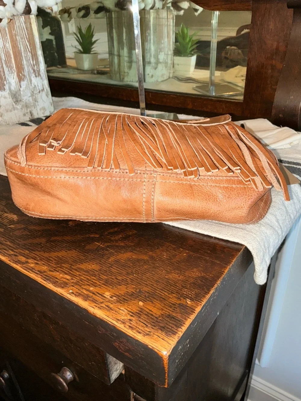 NWT Bed Stu Leather Eastend Fringe Crossbody Bag Tan Dip Dyed Retail $165